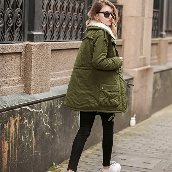 Army Green fur-lined Wide Collar Jacket - Picture 4 of 10